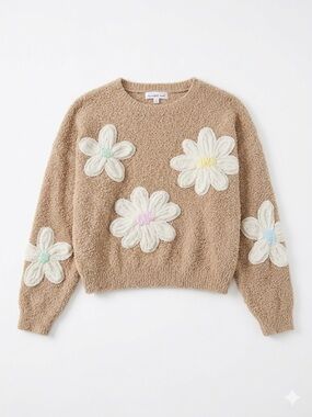 Boho Threaded Leaf 3D Chenille Flower Patch FuzzyKnit Pullover Sweater Oversized